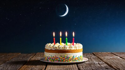 Birthday cake with candles under crescent moon