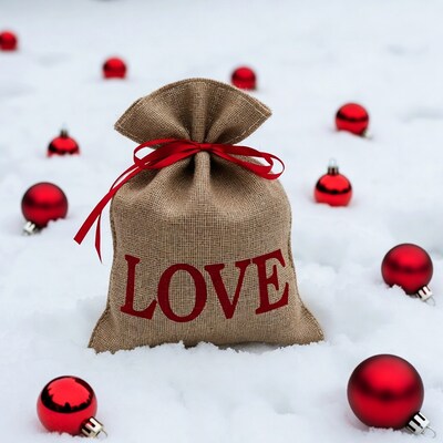 LOVE burlap sack with red ornaments in snow