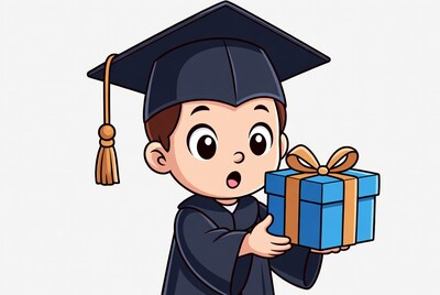 Boy in graduation cap holding gift