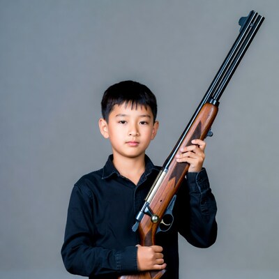 Asian boy holding shotgun