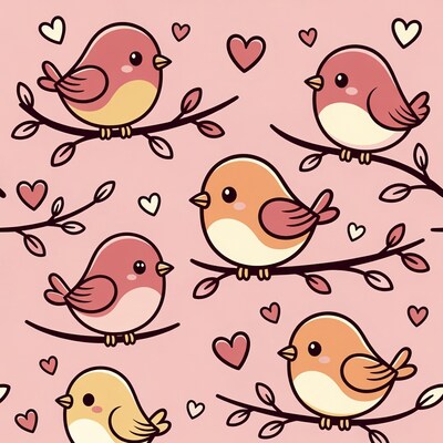 Cute Pink Birds on Branches with Hearts