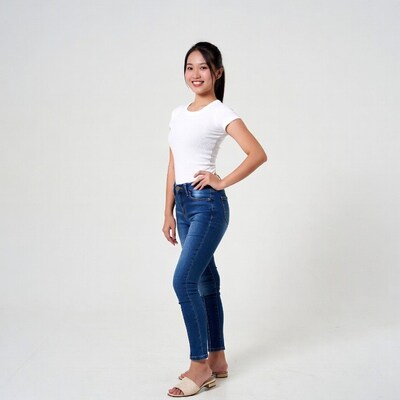 Asian woman in white top blue jeans