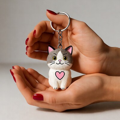 Woman holding cute cat keychain