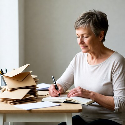 Elderly woman writing at desk