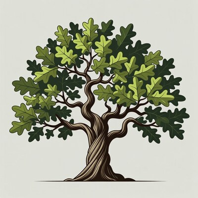 Illustrated Oak Tree on Gray Background