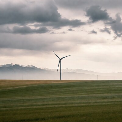 Wind Turbine in Grassy Field with Mountains