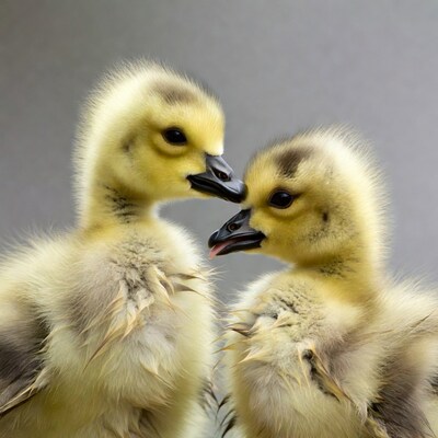 Two cute goslings nuzzling together