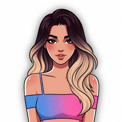 Woman with balayage hair in off-shoulder top