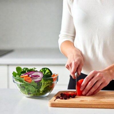 Woman chopping tomato for salad