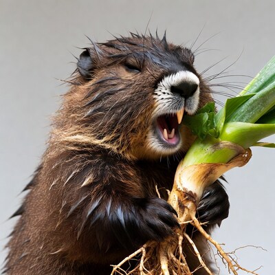 Wet beaver biting green onion