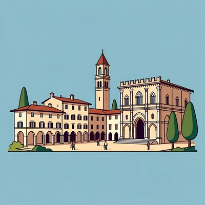 Italian Town Square with Bell Tower Illustration