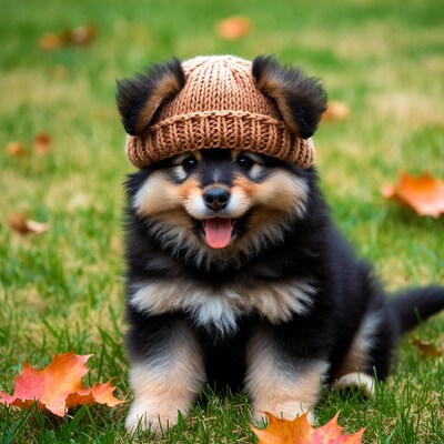 Puppy wearing knit hat in autumn grass