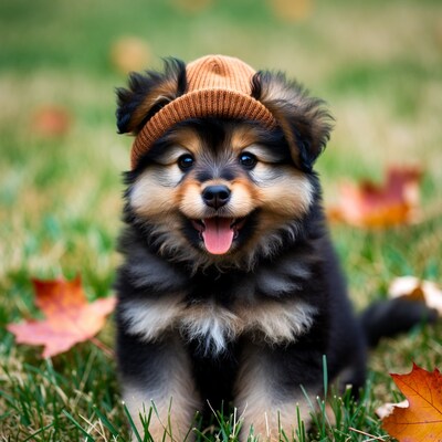Puppy wearing knit beanie in fall grass