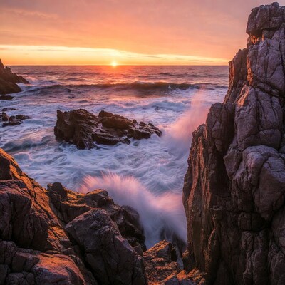Sunset over ocean waves crashing rocks