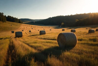 Hay bales in golden field sunset