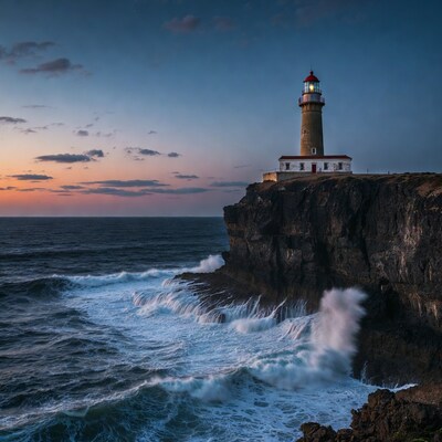 Lighthouse on Cliff at Sunset with Waves