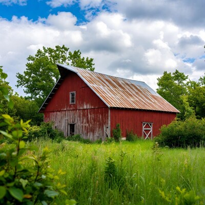 Rustic Red Barn in Green Field