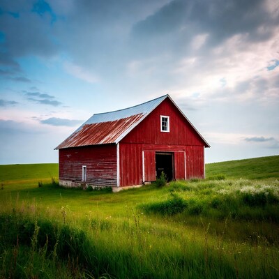Red Barn in Green Field