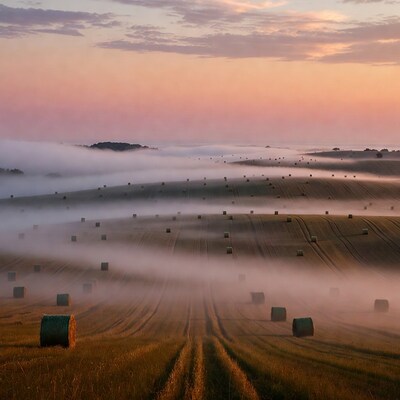 Hay bales in misty fields at sunrise