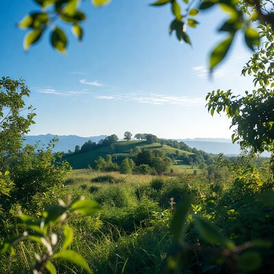Green Hill with Trees and Mountains