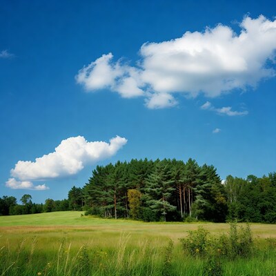 Pine Forest in Green Meadow Under Blue Sky