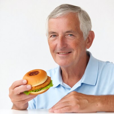 Senior man holding chicken burger