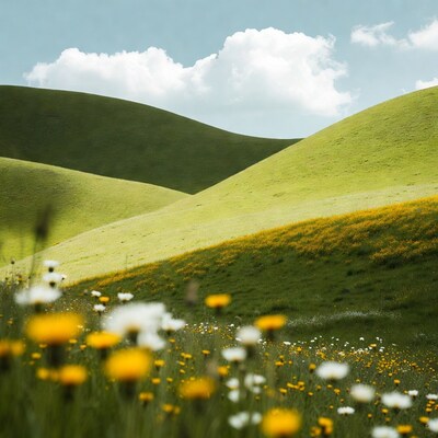 Rolling Green Hills with Wildflowers