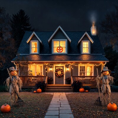 Halloween House with Scarecrows and Pumpkins