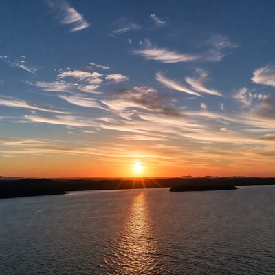Sunset over lake with island