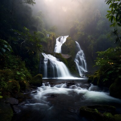 Misty Tropical Waterfall in Dense Jungle