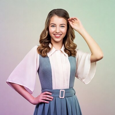 Smiling girl in blue pleated dress