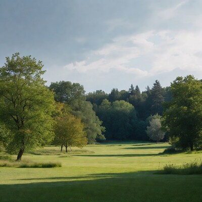 Lush green meadow with trees