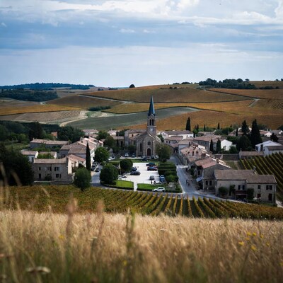 French village with church amid vineyards