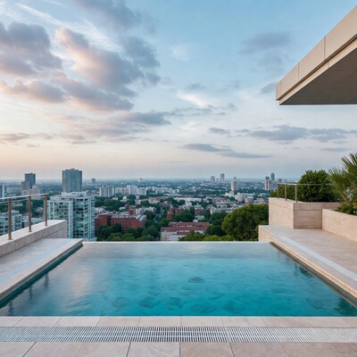 Infinity Pool Over City Skyline at Sunset