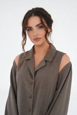 Woman in gray off-shoulder shirt