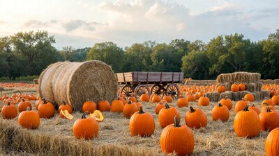 Pumpkin Patch with Hay Bales and Wagon