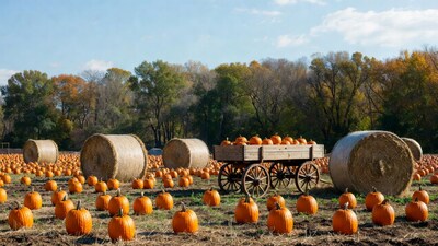 Pumpkin Patch with Hay Bales and Wagon