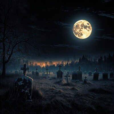Full Moon Over Cemetery at Night