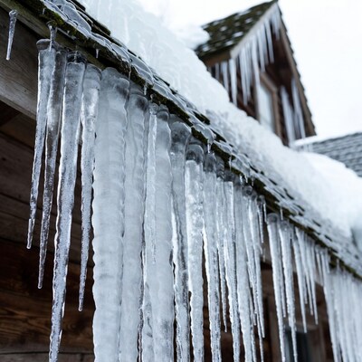 Icicles hanging from wooden roof