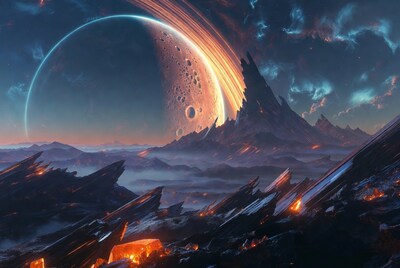 Ringed Planet Over Volcanic Mountains