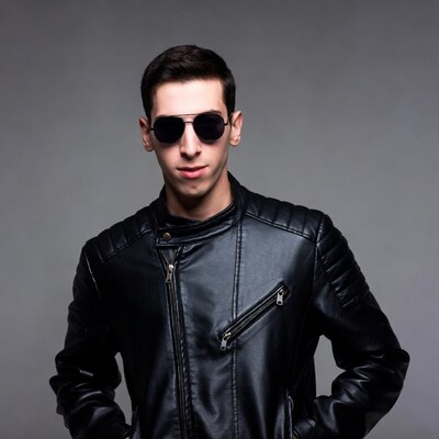 Young man in black leather jacket sunglasses