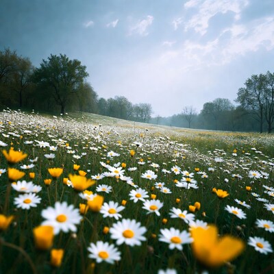 Daisy Field Under Cloudy Sky