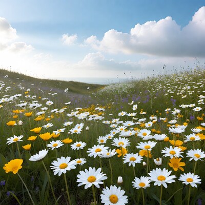 Daisy Flower Field Under Blue Sky