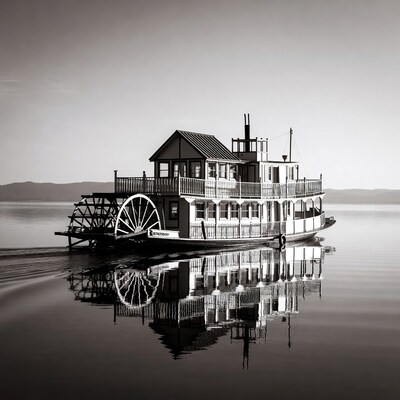 Paddlewheel Steamboat on Calm Lake
