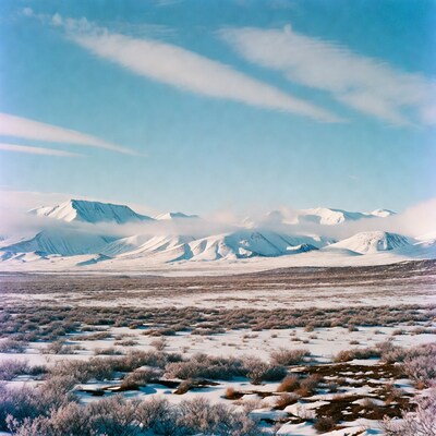 Snowy Mountains Over Frosty Tundra