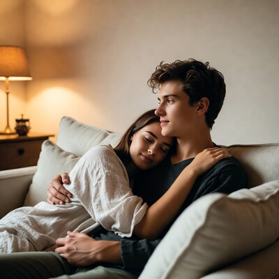 Young couple cuddling on sofa