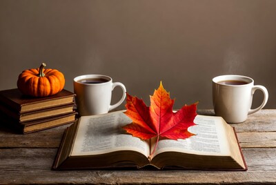 Open Book with Autumn Leaf and Pumpkin