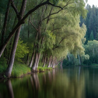 Trees reflecting in calm river