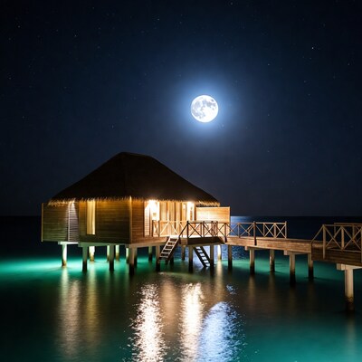 Overwater bungalow under full moon