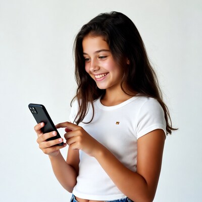 Girl smiling while using smartphone